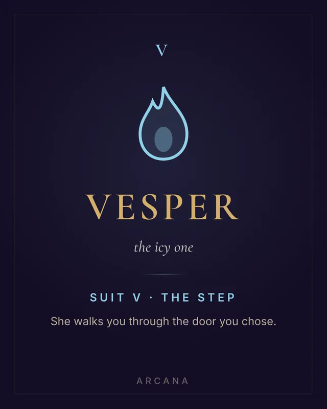 Vesper emblem card — suit V, The Step